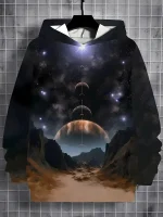 Hoodie mit Weltraummotiv, zeigt Planeten, Sterne und Galaxien, ideal für Science-Fans und Astronomie-Liebhaber.