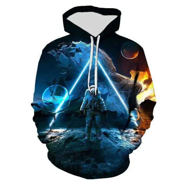 Hoodie mit futuristischem Weltraum-Design, Astronaut im Zentrum, umgeben von Planeten, Sternen und geometrischen Mustern, inspiriert von Science-Fiction und Raumfahrt.