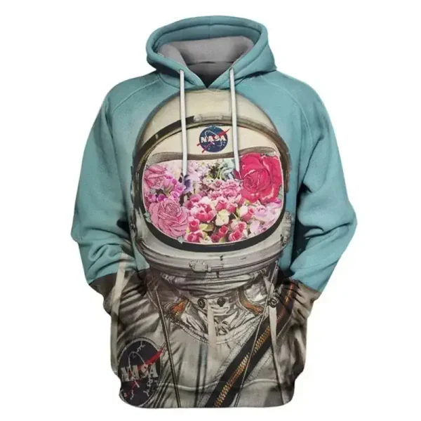 Bequemer Hoodie mit NASA-Design und floralen Blumenmustern, ideal für Science-Fans und Modebegeisterte, perfekt für Freizeit und Alltag.