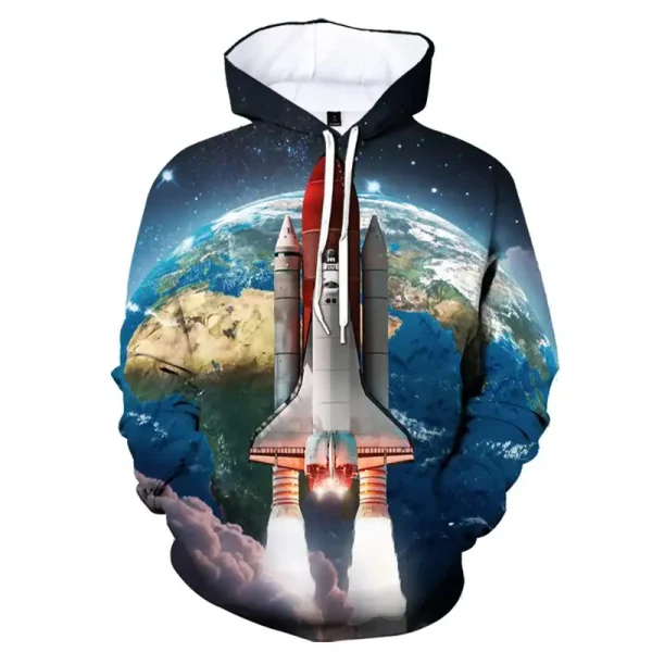 Hoodie mit Weltraummotiv, Rakete startend vor Erde, ideal für Wissenschafts- und Raumfahrtfans.