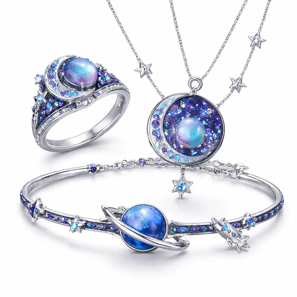 Elegantes Schmuckset mit Stern- und Planetendesigns, bestehend aus Ring, Halskette und Armband, verziert mit blauen und silbernen Steinen, inspiriert von Astronomie und Weltraum.