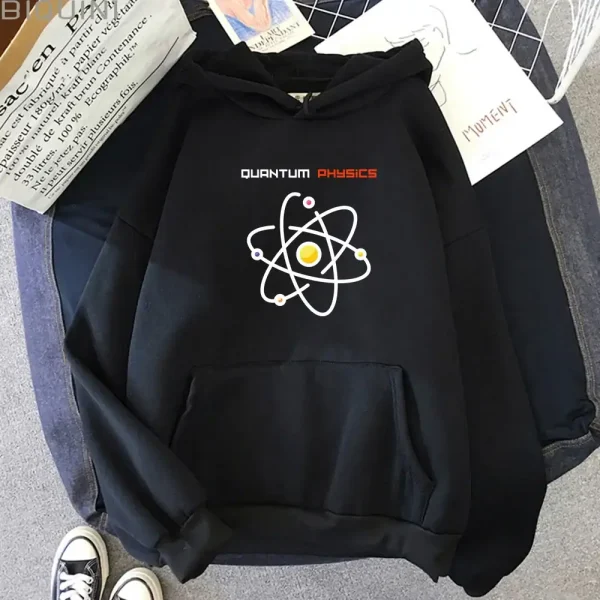 Schwarzer Hoodie mit Atommodell-Design und "Quantum Physics" Aufdruck, ideal für Wissenschafts- und Physikliebhaber, bequem und stylisch.