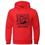 Roter Hoodie mit Einstein-Illustration und wissenschaftlichen Notizen, ideal für Wissenschafts- und Nerd-Fans.