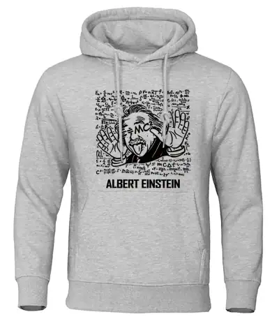 Hoodie mit Einstein-Illustration, wissenschaftlichen Formeln im Hintergrund, humorvolles Design, ideal für Wissenschafts- und Physikliebhaber.