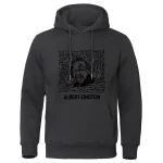 Dunkelgrauer Hoodie mit Einstein-Illustration und wissenschaftlichen Symbolen, ideal für Wissenschafts- und Physikliebhaber.