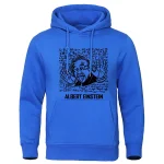 Blaues Hoodie mit Einstein-Illustration und wissenschaftlichen Formeln, ideal für Wissenschafts- und Physikfans.