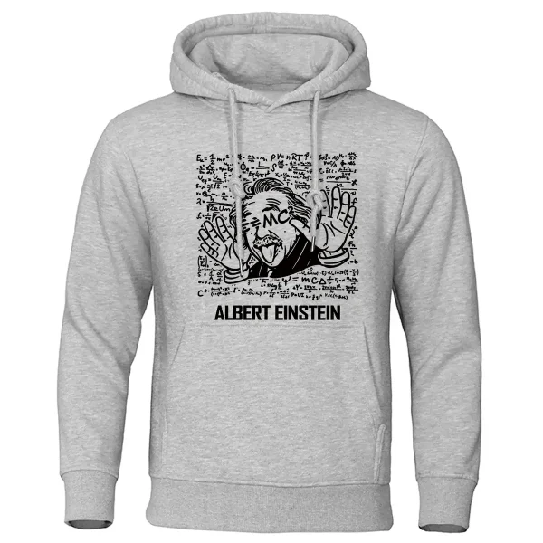 Hoodie mit Einstein-Illustration, wissenschaftlichen Formeln im Hintergrund, humorvolles Design, ideal für Wissenschafts- und Physikliebhaber.