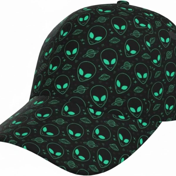 Schwarze Baseballcap mit leuchtenden Alien- und Planetenmotiven, ideal für Science-Fiction-Fans und Astronomie-Enthusiasten. Perfekt für Freizeit und Cosplay.