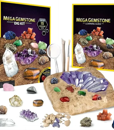 Wissenschaftliches Mineralien-Set mit Vergrößerungsglas, ideal für Bildung und Dekoration, enthält verschiedene Kristalle und Gesteine.