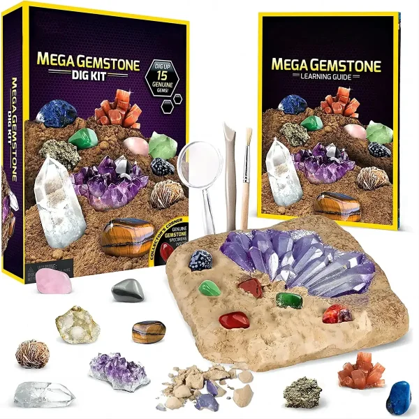Wissenschaftliches Mineralien-Set mit Vergrößerungsglas, ideal für Bildung und Dekoration, enthält verschiedene Kristalle und Gesteine.