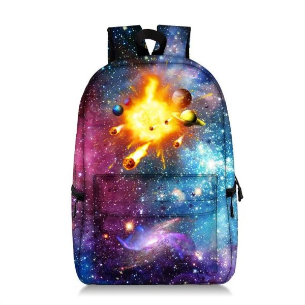 Rucksack mit Weltraum-Motiv, galaktischem Design und Planeten, ideal für Schule oder Freizeit.