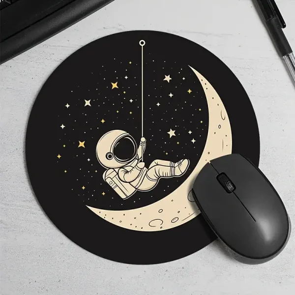 Hochwertiger Aufkleber mit Astronaut, der an einer Schnur schwingt, vor Mond und Sternen, ideal für Dekorationen und Science-Gadgets.
