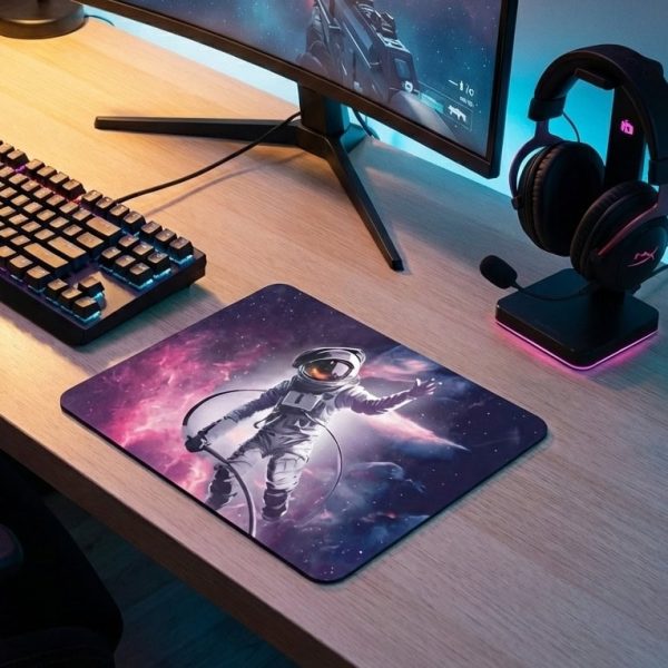 Raumfahrer-Mauspad mit Astronautenmotiv auf einem Schreibtisch, umgeben von Gaming-Peripherie und einem Monitor, ideal für Science-Fiction- und Weltraumfans.
