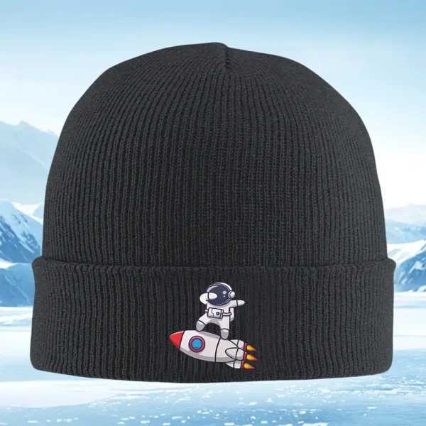 Schwarze Strickmütze mit Weltraum-Raumschiff-Design, ideal für Astronomie- und Wissenschaftsbegeisterte, perfekt für kalte Tage.