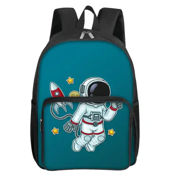 Bunter Kinder-Rucksack mit Weltraum-Motiv, Astronaut, Rakete und Sternen, ideal für Schule und Freizeit.
