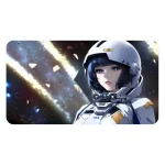 Detaillierte Illustration einer Raumfahrerin in Raumanzug mit Helm vor einem galaktischen Hintergrund voller Sterne und kosmischer Nebel.