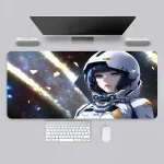 Illustration einer Astronautin im Raumanzug vor einer galaktischen Hintergrundszene mit Sternen und Kometen, ideal für wissenschaftliche Dekorationen.