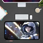 Astronautin im Raumanzug vor einem Sternenhimmel mit Galaxien, ideal für wissenschaftliche Dekorationen und Gadgets.