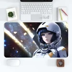 Astronautin im Raumanzug vor galaktischem Hintergrund mit Sternen und Kometen, ideal für Science-Fiction- und Weltraumdekorationen.