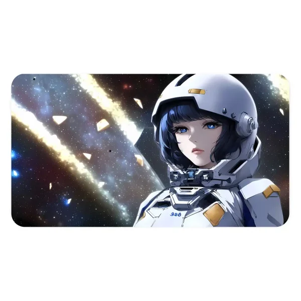 Detaillierte Illustration einer Raumfahrerin in Raumanzug mit Helm vor einem galaktischen Hintergrund voller Sterne und kosmischer Nebel.