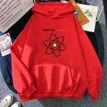 Roter Hoodie mit Quantenphysik-Design, Atommodell und "Quantum Physics" Schriftzug, ideal für Wissenschafts- und Physikliebhaber.