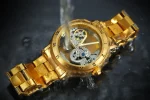 Hochwertige goldene mechanische Armbanduhr mit sichtbarem Uhrwerk, wasserdicht und elegant, perfekt für Uhrenliebhaber und Sammler.