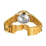 Elegante goldene Armbanduhr mit offenem Zifferblatt, das das mechanische Uhrwerk sichtbar macht, ideal für Liebhaber von Wissenschaft und Technik.