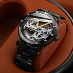 Hochwertige Skeleton-Uhr mit sichtbarem Uhrwerk, schwarzem Gehäuse und Armband, ideal für Uhrenliebhaber und Sammler. Perfekt als wissenschaftliches Dekor oder stilvolles Accessoire.