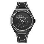 Modernes Armbanduhr-Design mit wissenschaftlichem Stil und humorvollem Zitat, ideal für Wissenschafts- und Gadget-Liebhaber.