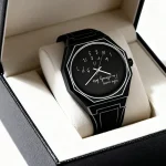 Hochwertige schwarze Wissenschafts-Uhr mit modernem Design, perfekt für Sammler und Wissenschafts-Enthusiasten, in einer eleganten Geschenkbox präsentiert.