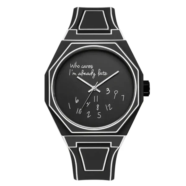 Modernes Armbanduhr-Design mit wissenschaftlichem Stil und humorvollem Zitat, ideal für Wissenschafts- und Gadget-Liebhaber.
