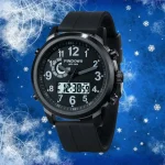Hochwertige Armbanduhr mit digitaler und analoger Zeitanzeige, schwarzes Gehäuse und Silikonarmband, wasserdicht bis 50 Meter, ideal für Sport und Alltag.