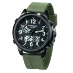 Robuste Armbanduhr mit digitaler und analoger Anzeige, grünem Silikonarmband, wasserdicht bis 50 Meter, ideal für Outdoor-Aktivitäten und Sport.