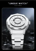 Modernes Wissenschafts-Uhr-Design ohne Spiegel, mit robustem Metallarmband und einzigartigem Zifferblatt, ideal für Wissenschafts- und Technikliebhaber.
