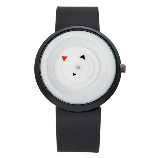 Moderne analoge Uhr mit einzigartigem, minimalistischen Zifferblattdesign, das auf einfache Linien und Symbole setzt, ideal für Wissenschafts- und Dekorationsliebhaber.