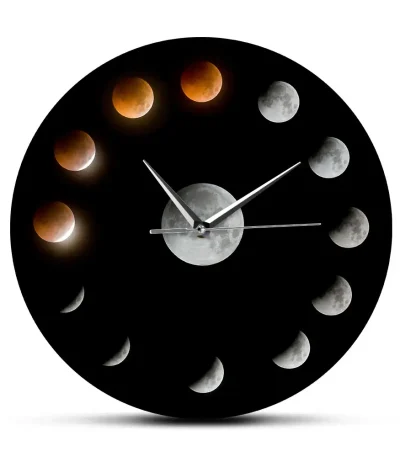 Innovative Wanduhr mit Mondphasen-Design, zeigt die verschiedenen Phasen des Mondes in einem modernen schwarzen Gehäuse. Perfekt für Wissenschafts- und Dekorationsliebhaber.