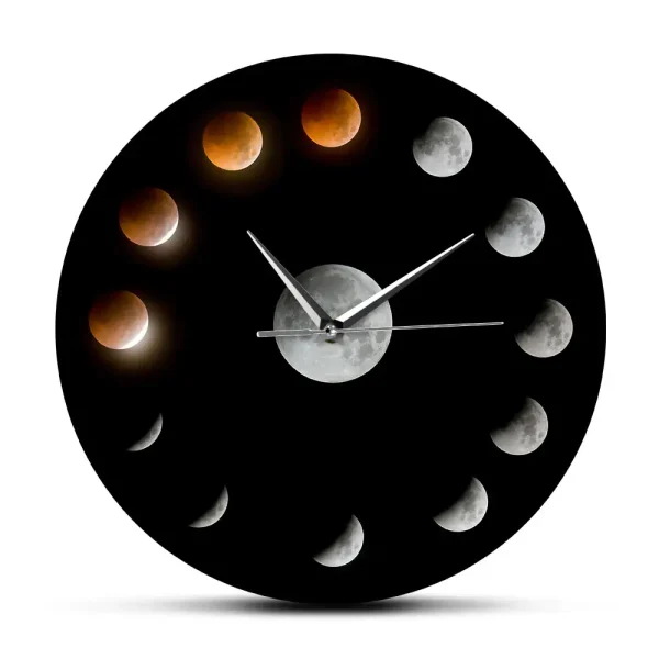 Innovative Wanduhr mit Mondphasen-Design, zeigt die verschiedenen Phasen des Mondes in einem modernen schwarzen Gehäuse. Perfekt für Wissenschafts- und Dekorationsliebhaber.