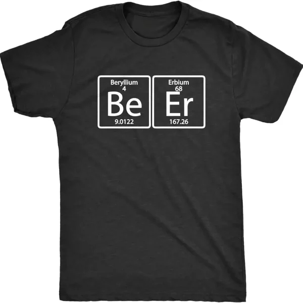 Schwarzes T-Shirt mit chemischen Elementen Beryllium und Erbium, die die Buchstaben "Be" und "Er" bilden, symbolisieren Wissenschaft und Chemie.