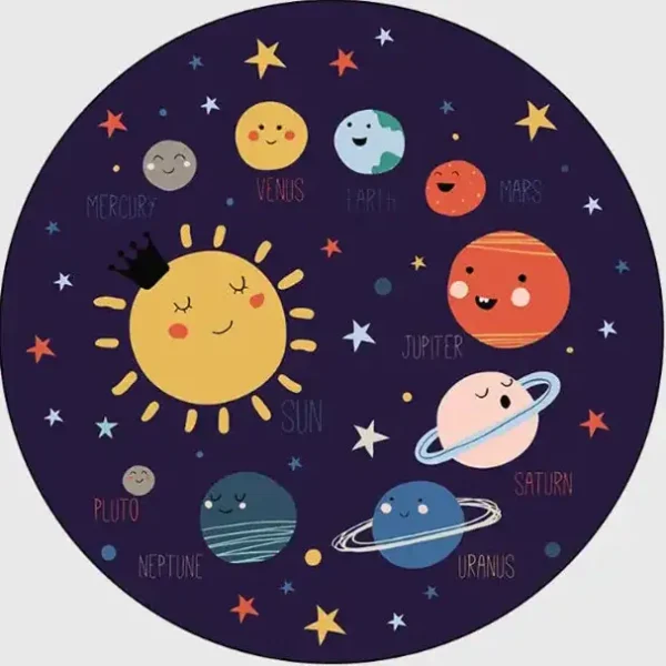 Illustration des Sonnensystems mit lachenden Planeten und Sonne, inklusive Merkur, Venus, Erde, Mars, Jupiter, Saturn, Uranus, Neptun und Pluto, umgeben von Sternen.