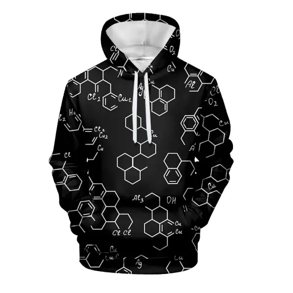 Hoodie mit chemischen Molekülstrukturen in Weiß auf schwarzem Hintergrund, ideal für Wissenschafts- und Chemie-Enthusiasten.