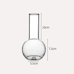 Klarer Glasballon mit langem Hals, ideal für wissenschaftliche Experimente und Dekoration. Maße: 10 cm hoch, 7,5 cm Durchmesser am Boden, 5,5 cm Durchmesser am Hals.