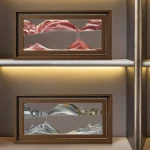 Zwei Holzrahmen mit 3D-Berglandschaften, eine in Rot- und die andere in Silber-Tönen, dekorative Wandkunst für Wissenschafts- und Dekorationsliebhaber.