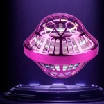 Leuchtendes, futuristisches Science-Fiction-Objekt in Pink mit geometrischem Design, schwebend auf einer schwarzen Plattform, ideal für Dekoration und wissenschaftliche Themen.
