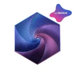 Abstraktes, spiralförmiges Kunstobjekt in Red Blue Farbverlauf, inspiriert von wissenschaftlicher Dekoration und modernen Design.