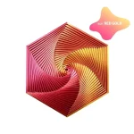 Dekoratives wissenschaftliches Kunstobjekt in Rot-Gold mit hexagonaler Form und spiralförmigem Muster, ideal für Wissenschafts- und Dekorationsliebhaber.