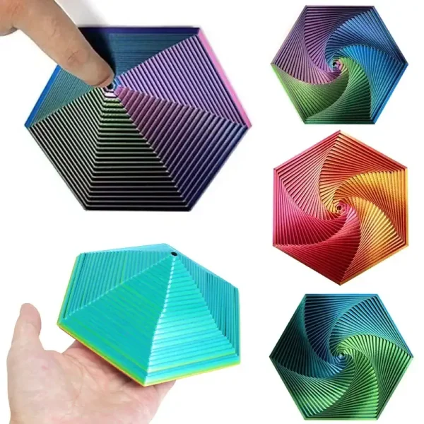 Bunte, spiralförmige Kunststoffobjekte in verschiedenen Farben und Mustern, die optisch faszinieren. Perfekt für Dekorationen oder wissenschaftliche Experimente.