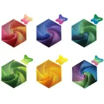 Bunte spiralförmige geometrische Figuren in verschiedenen Farben, die eine optische Täuschung erzeugen. Perfekt für wissenschaftliche Dekorationen und kreative Projekte.