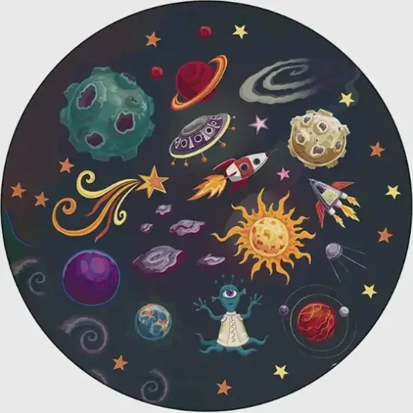 Illustration eines fantasievollen Weltraums mit Planeten, Raketen, Sternen und einem kleinen Außerirdischen, ideal für wissenschaftliche Dekorationen und Bildungszwecke.