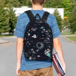 Rucksack mit Weltraummotiv für Kinder, zeigt Planeten, Sterne und Galaxien, ideal für Schul- oder Freizeitgebrauch.