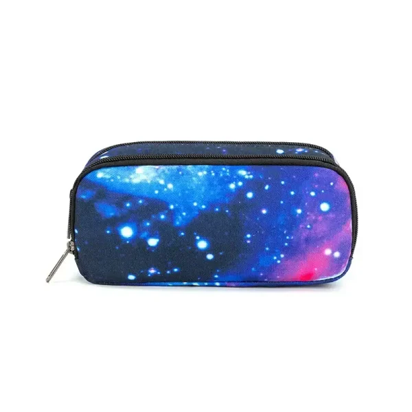 Schreibetui mit Sternen- und Galaxiemotiv in Blau und Lila, ideal für Schule und Büro.